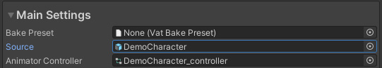 Source and Animator Controller fields
