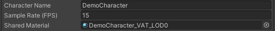 Character Name, Sample Rate, Shared Material fields