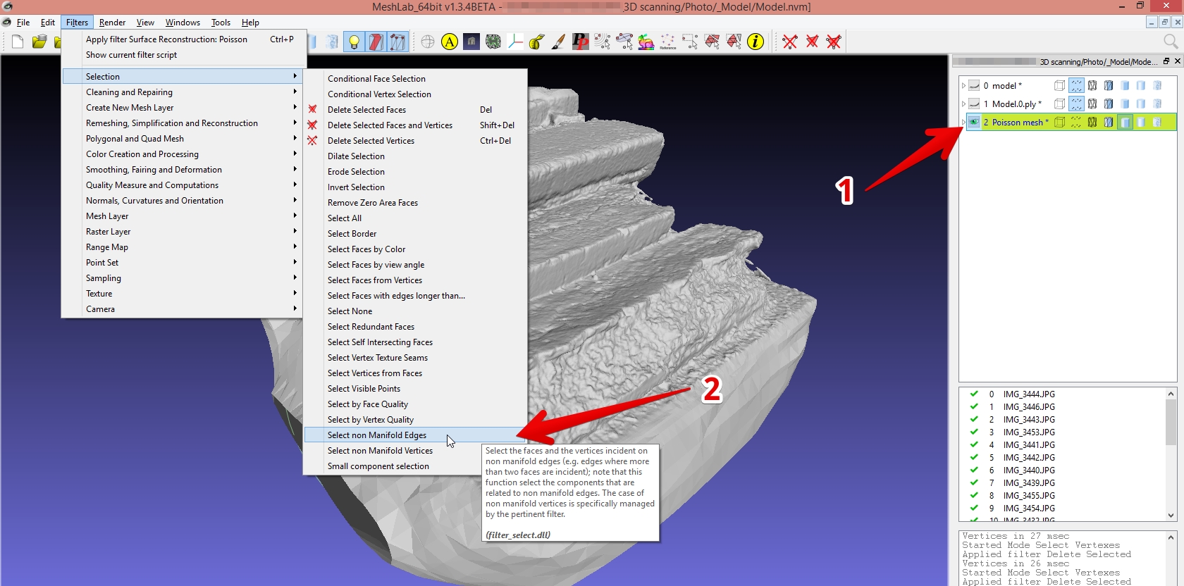 MeshLab deleting non manifold edges